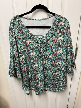 Amazon Floral V-Neck Tunic in Teal and Burgundy